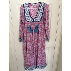 SZ Blockprints Floral Kaftan Kitty Tasseled Boho Travel Dress Medium Women's